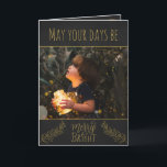 Chalkboard black and gold with picture Christmas Card<br><div class="desc">This Christmas greeting card features the picture of a child holding a jar full of bright Christmas lights on a black chalkboard background with golden decorations.
The caption,  in a golden font,  says "May your days be merry & bright".
(Easily customizable with a picture of your choice)</div>