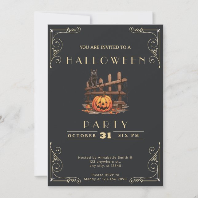 Chalkboard Black & Gold Black Cat Halloween Invitation (Front)