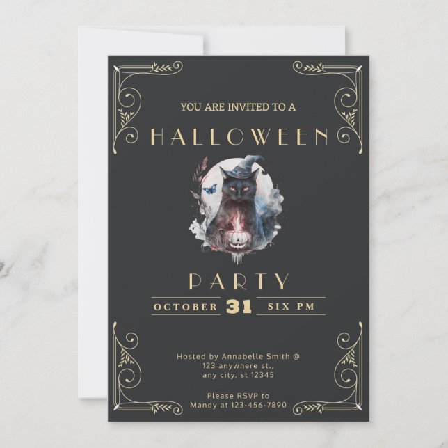 Chalkboard Black & Gold Black Cat Halloween Invitation (Front)