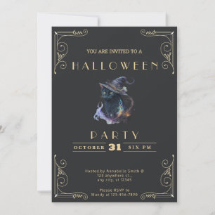 Chalkboard Black & Gold Black Cat Halloween Invitation