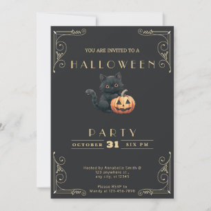 Chalkboard Black & Gold Black Cat Halloween Invitation