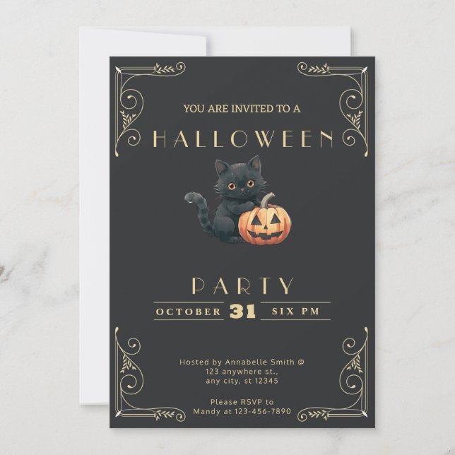 Chalkboard Black & Gold Black Cat Halloween Invitation (Front)