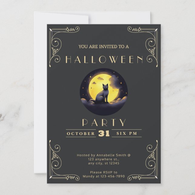 Chalkboard Black & Gold Black Cat Moon Halloween Invitation (Front)