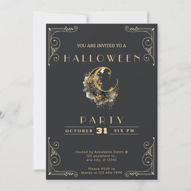Chalkboard Black & Gold Crescent Moon Halloween Invitation (Front)
