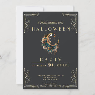 Chalkboard Black & Gold Crescent Moon Halloween Invitation