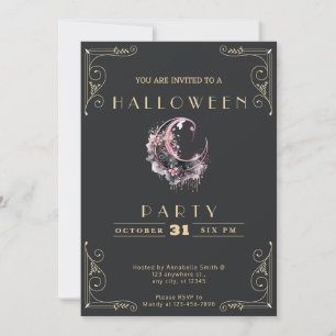 Chalkboard Black & Gold Crescent Moon Halloween Invitation