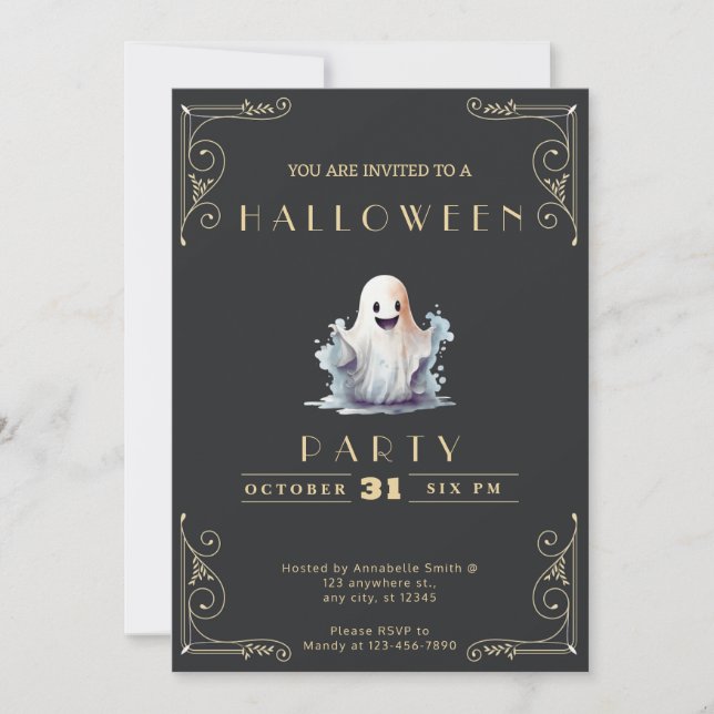 Chalkboard Black & Gold Cute Ghost Halloween Invitation (Front)