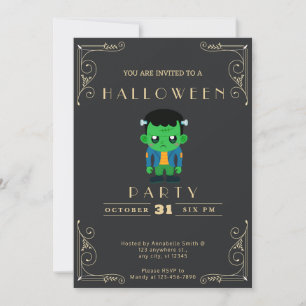 Chalkboard Black & Gold Cute Monster Halloween Invitation
