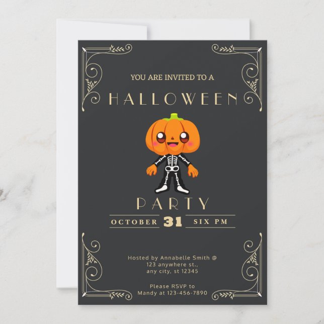 Chalkboard Black & Gold Cute Pumpkinhead Halloween Invitation (Front)