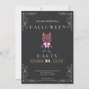 Chalkboard Black & Gold Cute Wolfman Halloween Invitation