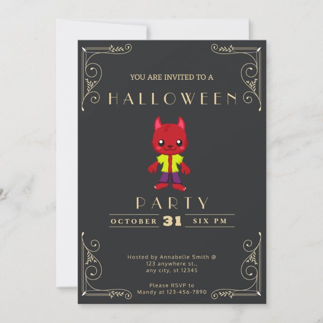 Chalkboard Black & Gold Cute Wolfman Halloween Invitation (Front)