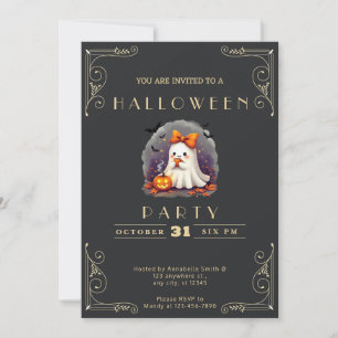 Chalkboard Black & Gold Ghost Bow Bats Halloween Invitation