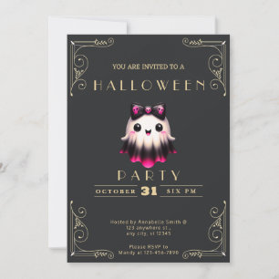 Chalkboard Black & Gold Ghost Bow Skulls Halloween Invitation