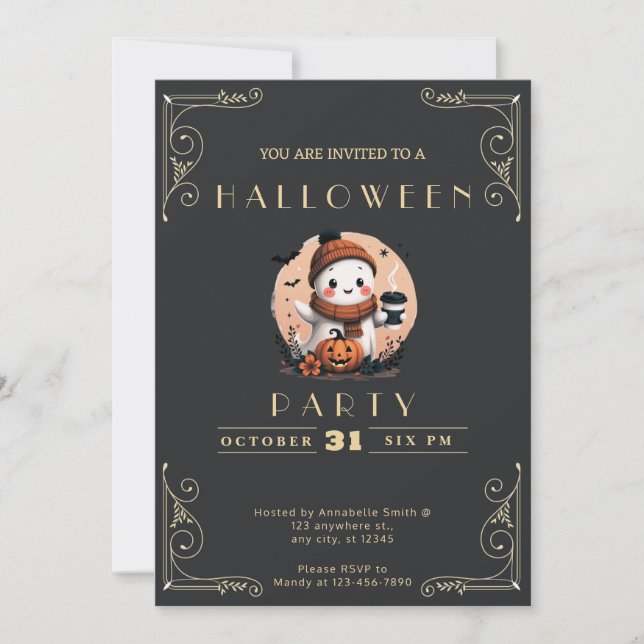 Chalkboard Black & Gold Ghost Coffee Halloween Invitation (Front)