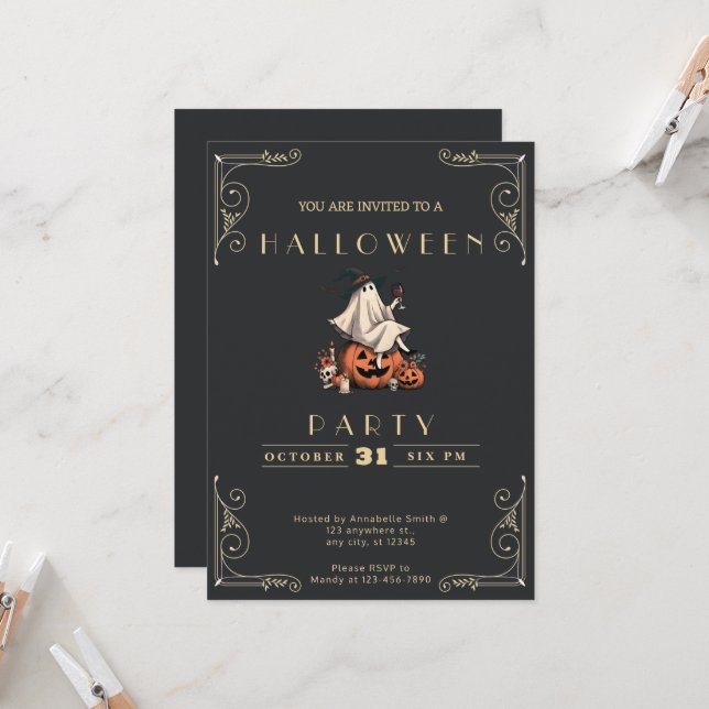 Chalkboard Black & Gold Ghost Wine Skull Halloween Invitation (Front/Back In Situ)