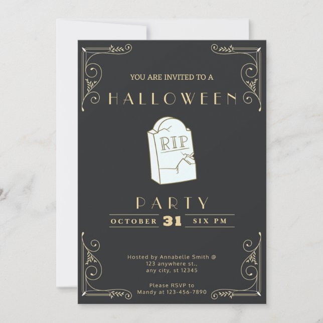 Chalkboard Black & Gold Grey RIP Grave Halloween Invitation (Front)