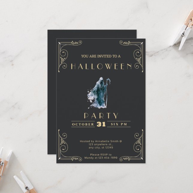 Chalkboard Black & Gold Grim Reaper Halloween Invitation (Front/Back In Situ)