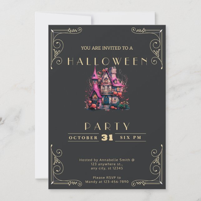 Chalkboard Black & Gold Haunted House Halloween Invitation (Front)