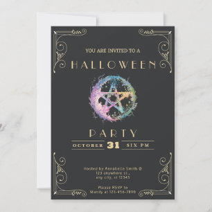 Chalkboard Black & Gold Pastel Pentagram Halloween Invitation