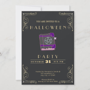 Chalkboard Black & Gold Pentagram Book Halloween Invitation