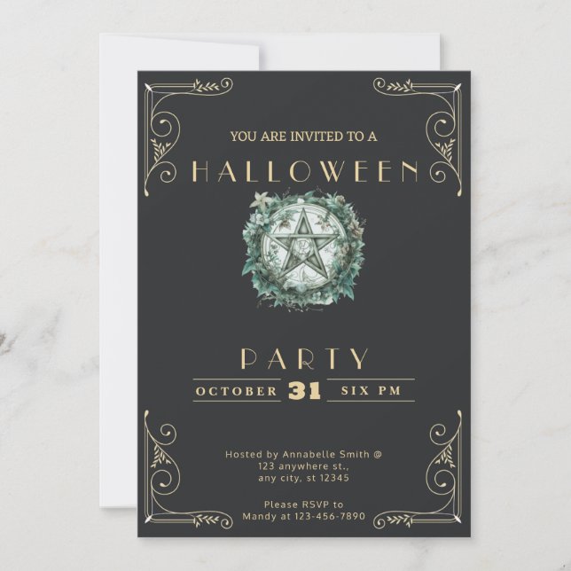 Chalkboard Black & Gold Pentagram Halloween Invitation (Front)