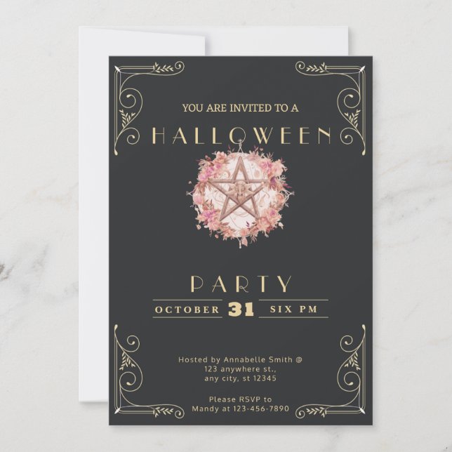 Chalkboard Black & Gold Pentagram Halloween Invitation (Front)