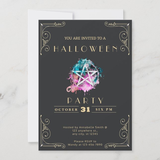 Chalkboard Black & Gold Pentagram Halloween Invitation (Front)