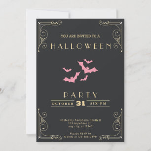 Chalkboard Black & Gold Pink Bats Halloween Invitation