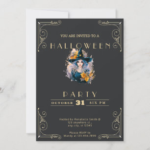 Chalkboard Black & Gold Pretty Witch Halloween Invitation