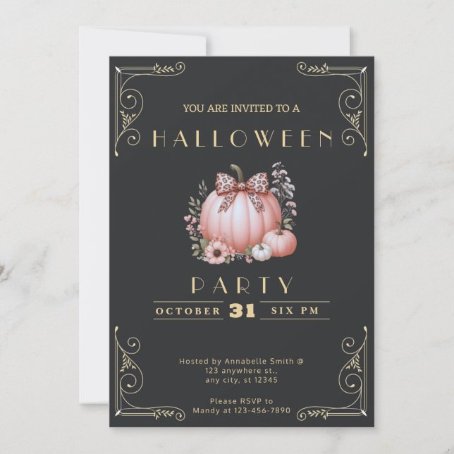 Chalkboard Black & Gold Pumpkin Bow Cute Halloween Invitation (Front)
