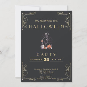 Chalkboard Black & Gold Skeleton Grave Halloween Invitation