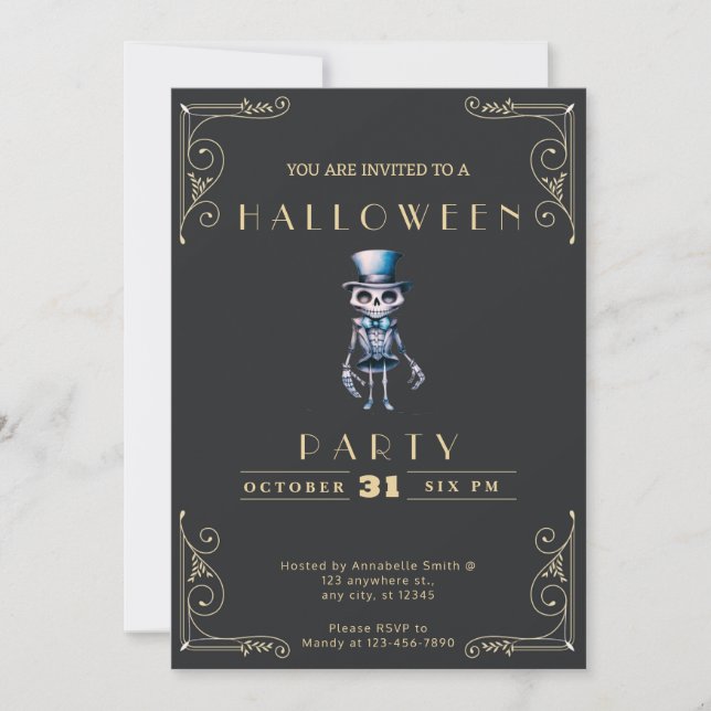 Chalkboard Black & Gold Skeleton Top Hat Halloween Invitation (Front)