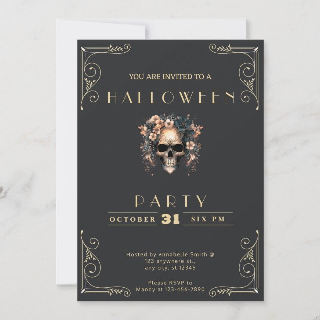 Chalkboard Black & Gold Skull & Flowers Halloween Invitation (Front)