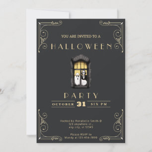 Chalkboard Black & Gold Vampire & Ghost Halloween Invitation