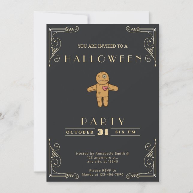 Chalkboard Black & Gold Voodoo Doll Halloween Invitation (Front)