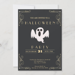 Chalkboard Black & Gold White Ghost Halloween Invitation