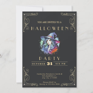 Chalkboard Black & Gold Witch Rainbow Halloween In Invitation