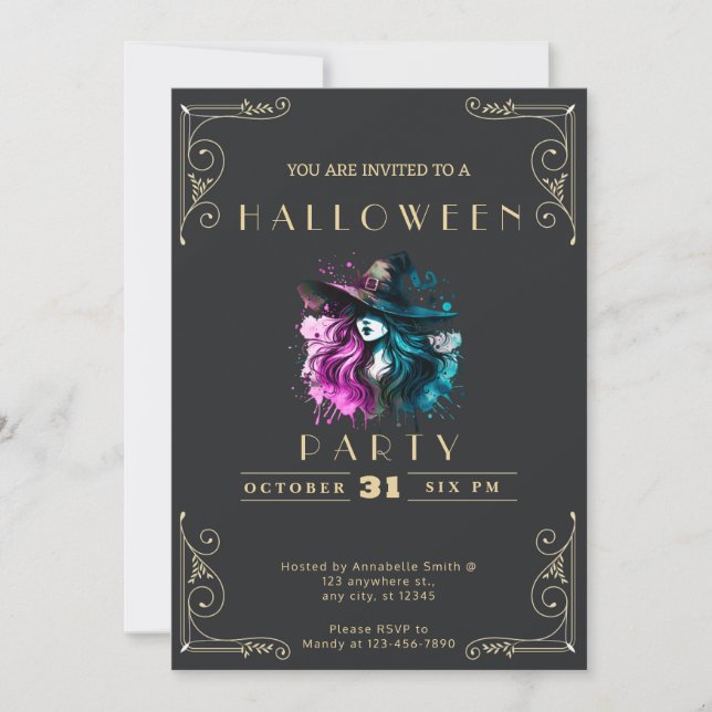 Chalkboard Black & Gold Witch Rainbow Halloween In Invitation (Front)