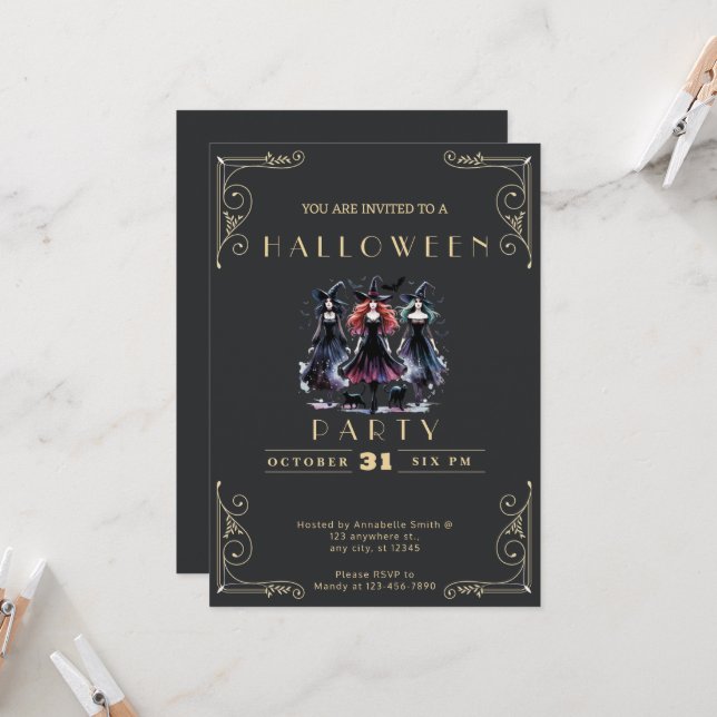 Chalkboard Black & Gold Witches Bats Halloween Invitation (Front/Back In Situ)