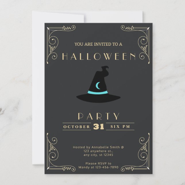 Chalkboard Black & Gold Witches Hat Moon Halloween Invitation (Front)