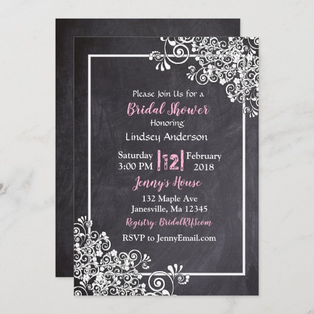 Chalkboard Black & Pink Bridal Shower Invitations (Front/Back)