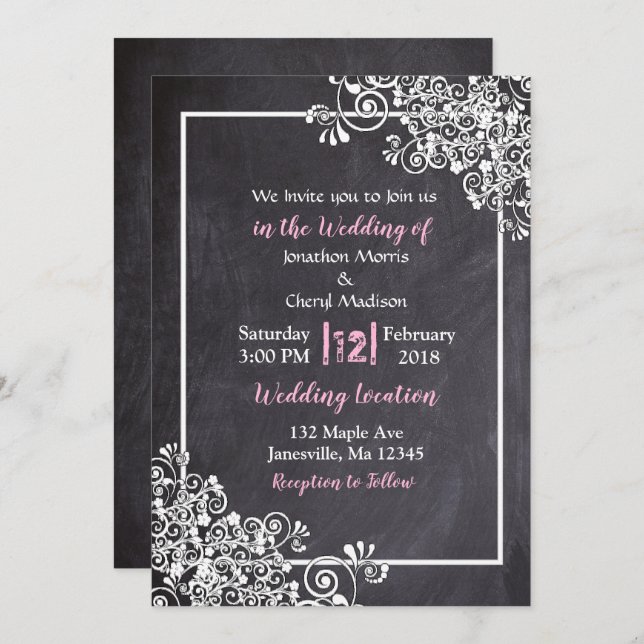 Chalkboard Black & Pink Script Wedding Invitations (Front/Back)