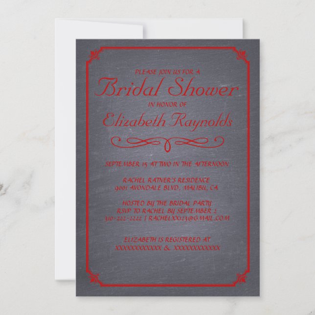 Chalkboard Black & Red Bridal Shower Invitations (Front)