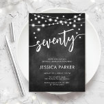 Chalkboard Black White 70th Birthday Party Invitation<br><div class="desc">70th Birthday Party Invitation. Elegant black and white design with chalkboard pattern. Classy modern invite card featuring fairy string lights and script font. Perfect for a stylish seventieth bday celebration. Personalise with your own details. Can be customised for any age! Printed Zazzle invitations or instant download digital printable template.</div>