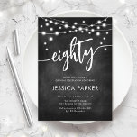 Chalkboard Black White 80th Birthday Party Invitation<br><div class="desc">Chalkboard Black White 80th Birthday Party Invitation. Black & white milestone bday invite with chalkboard pattern. Features fairy string lights and modern hand style lettering script font "eightly". Perfect for men's or women's adult eightieth birthday celebration.</div>