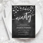 Chalkboard Black White 90th Birthday Party Invitation<br><div class="desc">90th Birthday Party Invitation. Elegant black and white design with chalkboard pattern. Classy modern invite card featuring fairy string lights and script font. Perfect for a stylish ninetieth bday celebration. Personalise with your own details. Can be customised for any age! Printed Zazzle invitations or instant download digital printable template.</div>