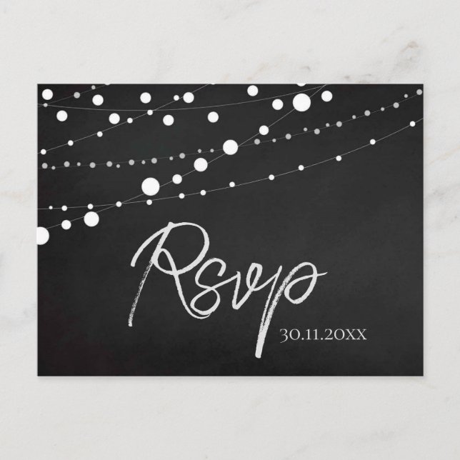 Chalkboard Black White String Lights Wedding RSVP Postcard (Front)