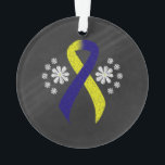 Chalkboard Blue and Yellow Awareness Ribbon Ornament<br><div class="desc">Blue and yellow ribbon with flowers in a chalkboard style. The blue and yellow ribbon stands for Designated Driver Awareness and Down Syndrome Awareness. October is Down Syndrome Awareness Month.</div>