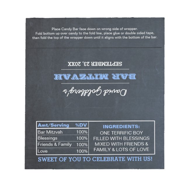 Chalkboard Blue Bar Mitzvah Candy Wrappers Notepad (Front)