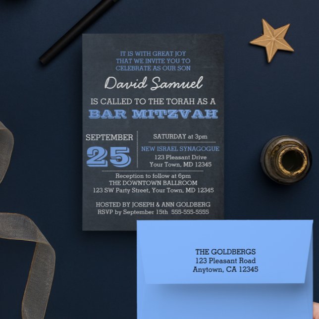 Chalkboard Blue Bar Mitzvah Invitation (Creator Uploaded)